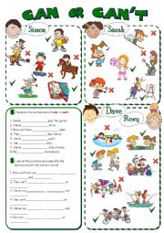 English Worksheet: CAN or CANT - abilities *2 pages, 8 tasks*