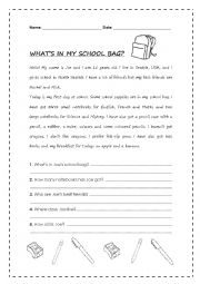 English Worksheet: Whats in my school bag?