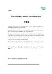 English Worksheet: Analytic reading & Writing Exercise on India