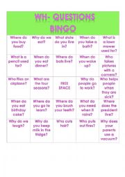 English Worksheet: WH questions Bingo
