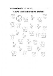 English Worksheet: 1 to 10 animals