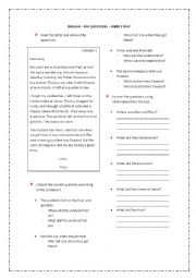 English Worksheet: WH QUESTION AND PAST SIMPLE READING COMPREHENSION