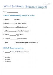 English Worksheet: Wh- Questions - Present Simple 