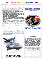 English Worksheet: Picture-based conversation : topic 37 - bike vs car & train vs plane