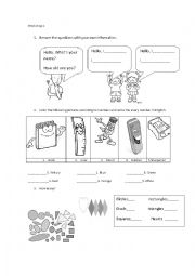 English Worksheet: simple Workshop about greetings, numbers, colors and school things