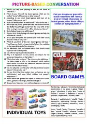 English Worksheet: Picture-based conversation : topic 38 - individual toys vs board games