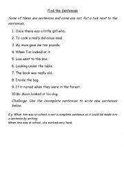 English Worksheet: Find the complete sentences