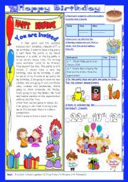 English Worksheet: Happy Birthday(End of Term2 Test 7th form)2Parts: Reading Comprehension+Language+Key.