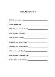 English Worksheet: Hello! For the first day of class.
