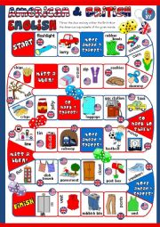 English Worksheet:  British vs American English - boardgame *KEY included*