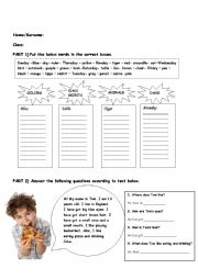 English Worksheet: colors, animals,days,class objects,pets