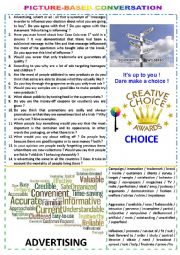 English Worksheet: Picture-based conversation : topic 43 - advertising vs choice