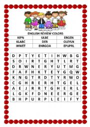 English Worksheet: Colors wordsearch and unscramble