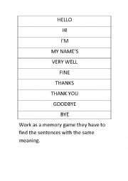 English Worksheet: Greetings and Introduction memory game