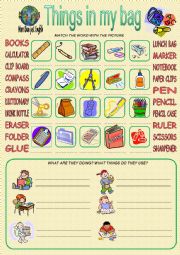 English Worksheet: Things in my School Bag