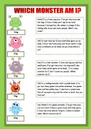 English Worksheet: WHICH MONSTER AM I? - FUNNY MONSTERS DESCRIPTION :) - FULLY EDITABLE!