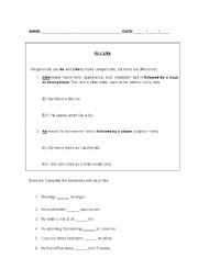 English Worksheet: As vs. Like