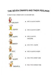 English Worksheet: THE SEVEN DWARFS AND THEIR FEELINGS