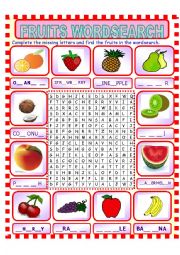 English Worksheet: fruits wordsearch