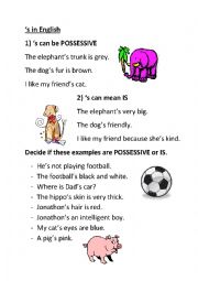 English Worksheet: Use of s for possessive and for 