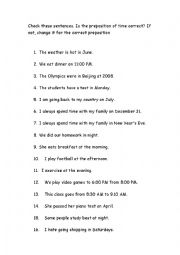 English Worksheet: Prepositions of Time, correct the errors