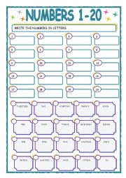 English Worksheet: Numbers 1-20