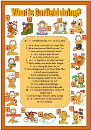 English Worksheet: WHAT IS GARFIELD DOING? - PRESENT CONTINUOUS, FULLY EDITABLE! :)