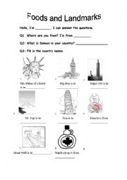 English Worksheet: Famous foods and landmarks in the countries 