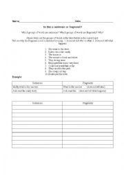 English Worksheet: Sentence Versus Fragments