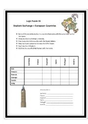 English Worksheet: Logic Puzzle 3 - Student Exchange - European Cities