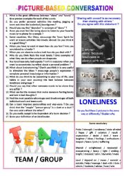 English Worksheet: Picture-based conversation : topic 16 - team vs loneliness
