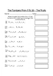 English Worksheet: The Numbers From 11 to 20