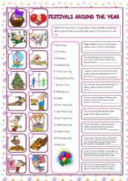 English Worksheet: Festivals Around the Year (Reading and Matching)