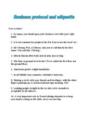 English Worksheet: Business protocol and etiquette, true or false