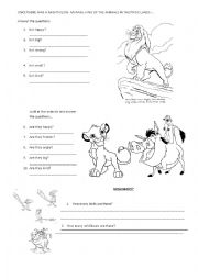 The Lion King Movie Worksheet: Answer questions/Animals vocabulary