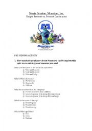English Worksheet: Movie Session Monsters, Inc. Simple Present vs. Present Continuous