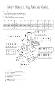 English Worksheet: numbers, colours, body parts and clothes.
