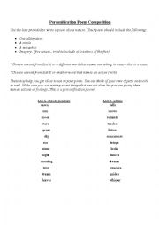 English Worksheet: Personification Poem Composition