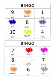 English Worksheet: Bingo - Numbers and Colours