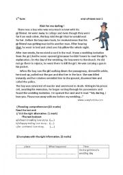 English Worksheet:  end-of-term test 2/ 1st form  love story: wait for me darling !