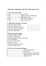 English Worksheet: How much How many Not much Not many