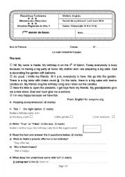 English Worksheet: End - of - term test 2  7th forms  ( Tunisian Schools ) 