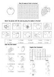 English Worksheet: Fruit puzzle, match, color, and crossword