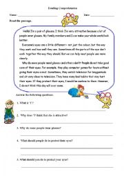 English Worksheet: Comprehension (Why do people need glasses?) 