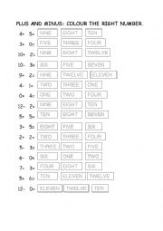 English Worksheet: PLUS AND MINUS: COLOUR THE RIGHT NUMBERS