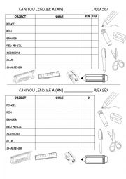 English Worksheet: School Objects - Can you lend me?