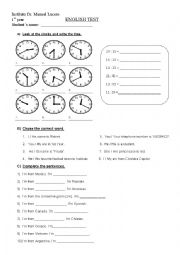 English Worksheet: The time,verb tobe,possesive adjectives