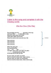 English Worksheet: We are one . World Cup Song 2014