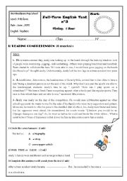 English Worksheet: Full term test n� 3 ( 9 th form)