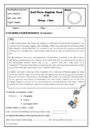 English Worksheet: Full term test n 3 ( 9 th form)